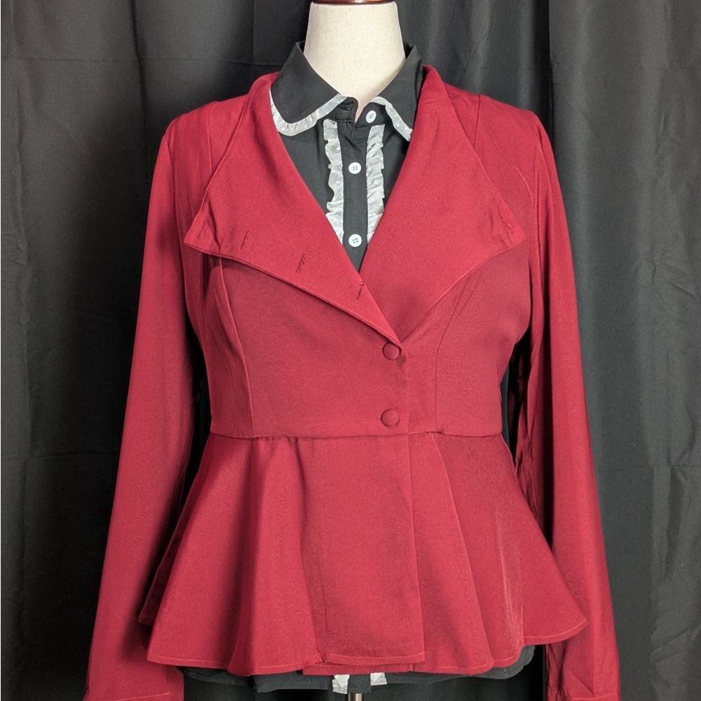 Vintage Black Ruffle White Trim Button Up Blouse - Picture 3 of 7